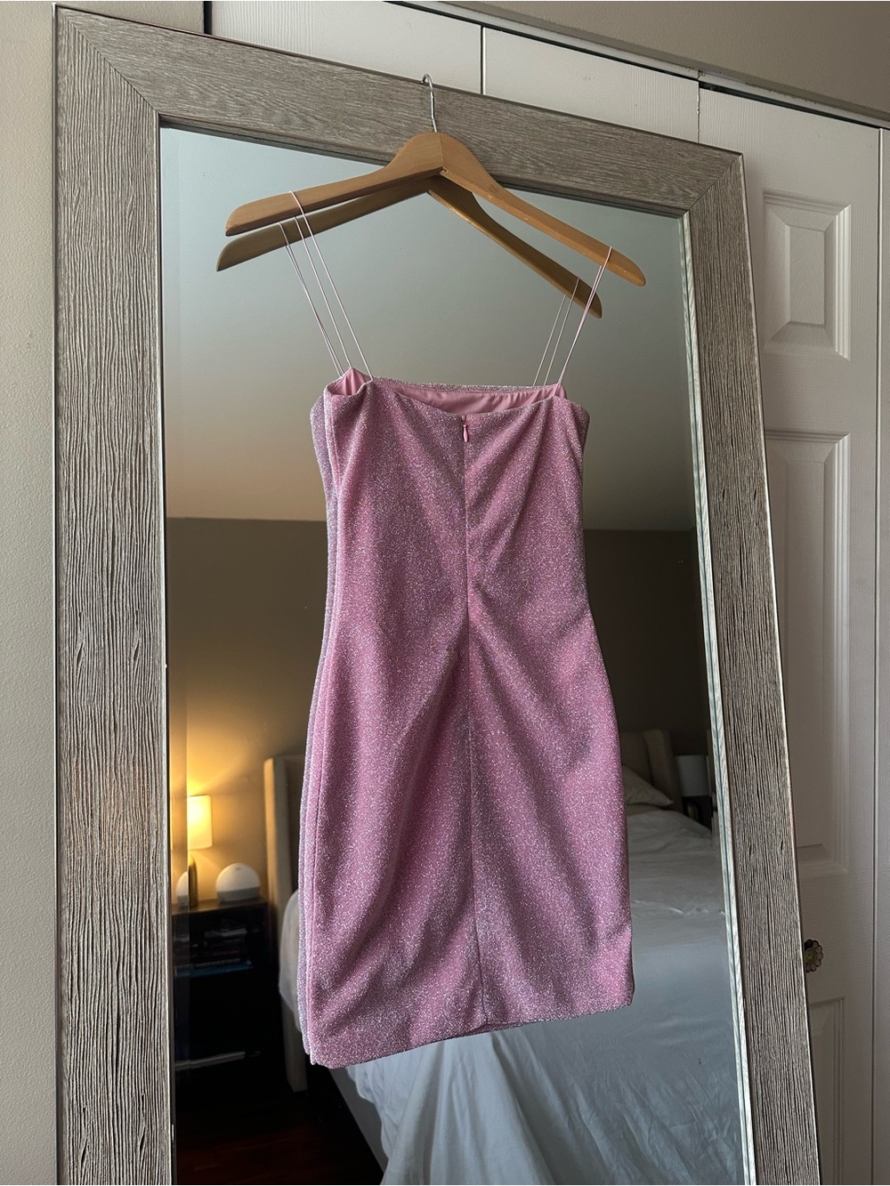MESHKI Pink Metallic Glitter Spaghetti Strap Bodycon Mini Dress Size Small - Picture 3 of 4